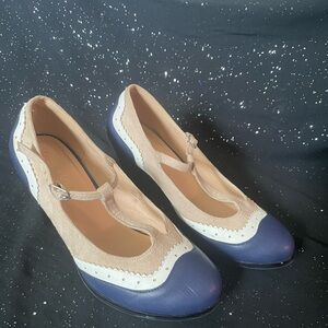 Elegant Women's T-Strap Shoes - Blue and Cream